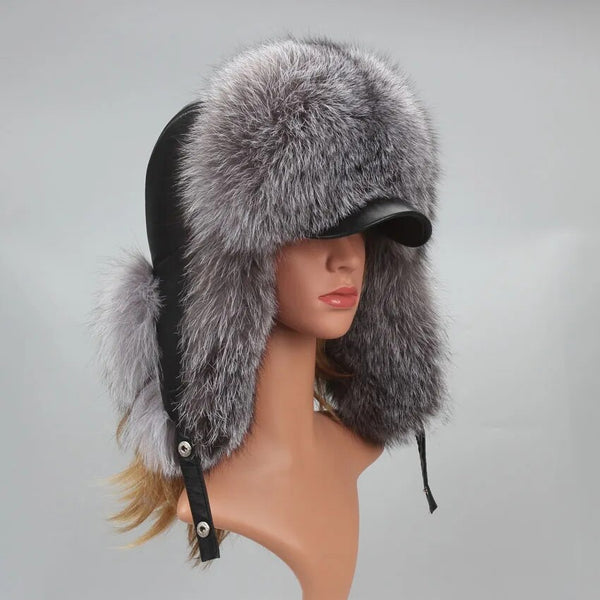 Genuine Silver Fox Fur Hat with Ear Flaps